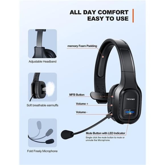 Trucker Bluetooth Headset withMicrophone NoiseCanceling Wireless OnEar Headphone - Picture 2 of 6